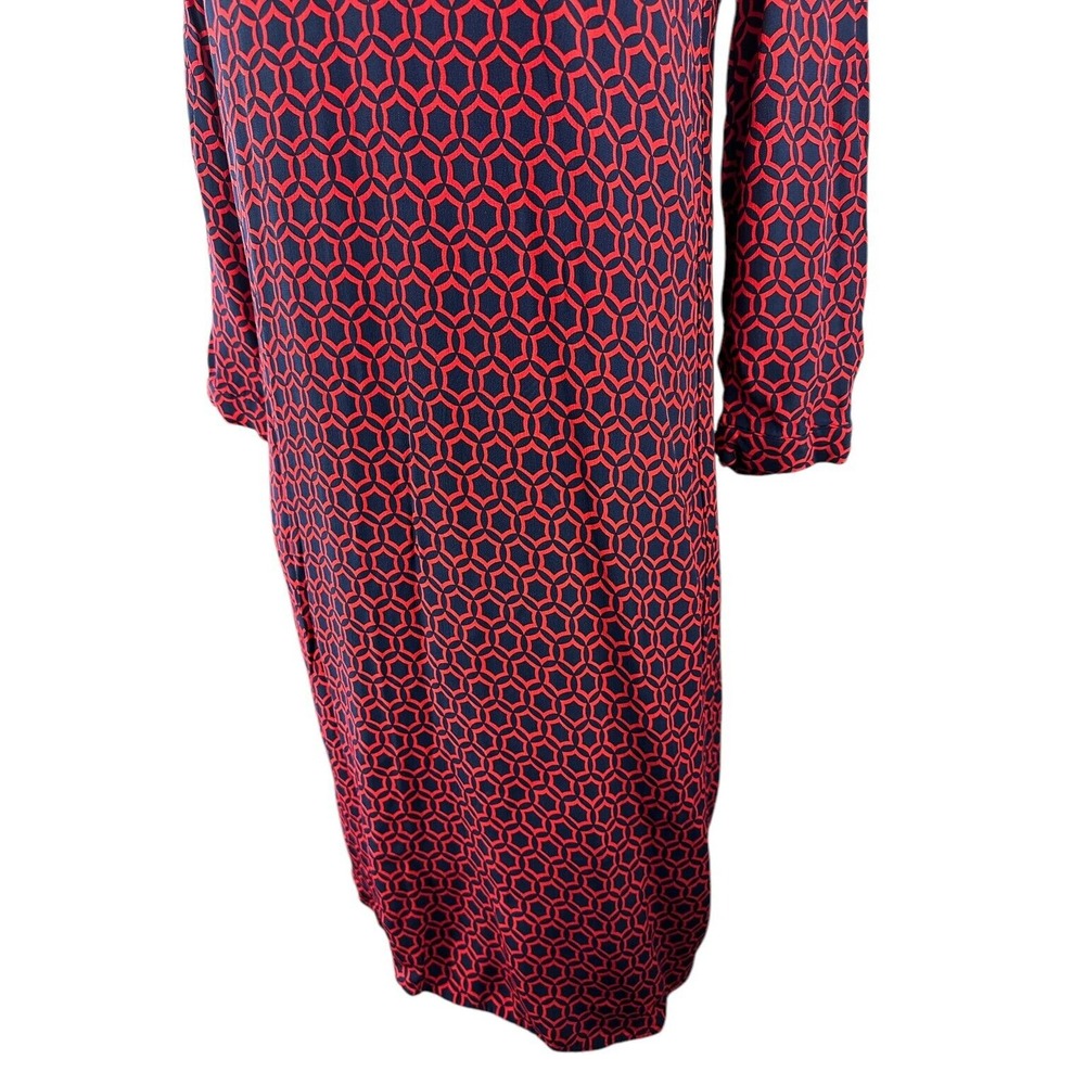 Boden V-Neck Geo Print 3/4 Sleeve Shift Dress Red & Navy Size 10 *Missing Belt* - Picture 7 of 16